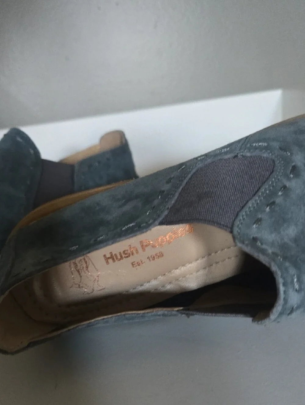 Hush Puppies Slate Blue Suede Slip On Loafers with Tan Crepe Sole